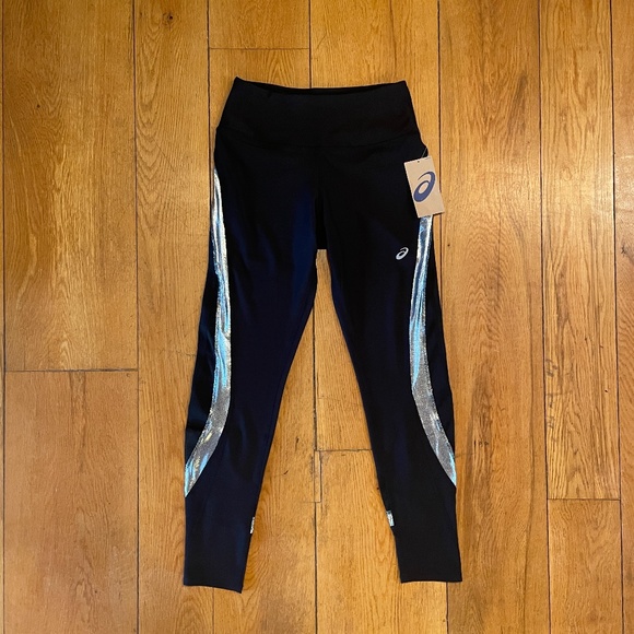 Asics Womens Running Athletic Leggings Black Sparkle 2032C602-001 NEW Sz Small - Picture 1 of 2